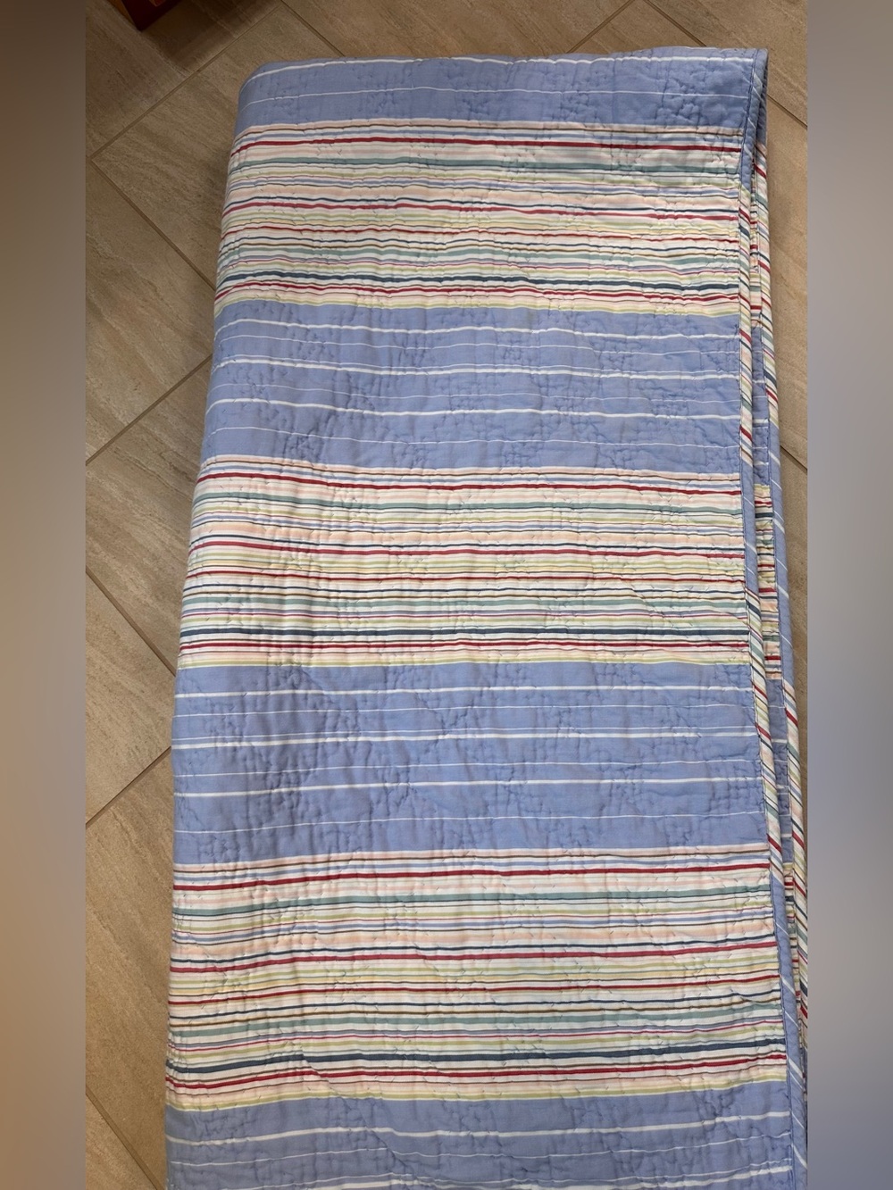 Vintage Pottery Barn Full/Queen Reversible Quilt Stripe Light Blue Cotton 85x90”